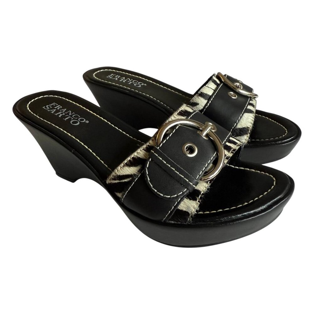 Franco Sarto Leather Wedge Sandals | Size 6M | Black